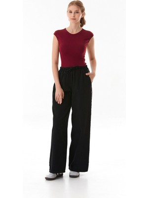 Beli Bağlamalı Yanları Şeritli Wide Leg Jean