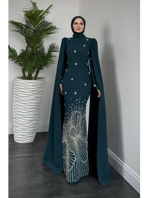 Farah Kolları Pelerinli Abiye Zümrüt