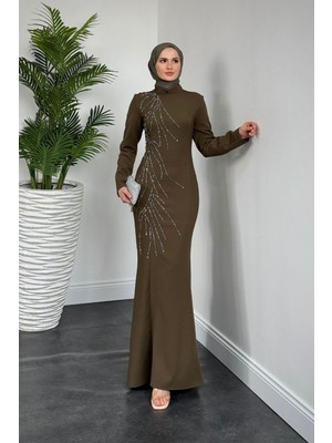 Frezya Yanı Taşlı Balık Abiye Haki