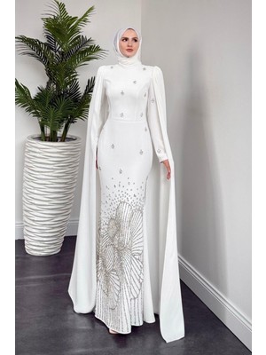 Farah Kolları Pelerinli Abiye Beyaz