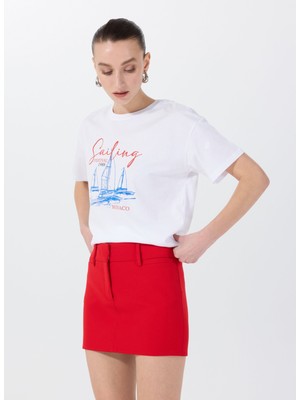 Fabrika Bisiklet Yaka Baskılı Beyaz Kadın T-Shirt F5SL-TST0467