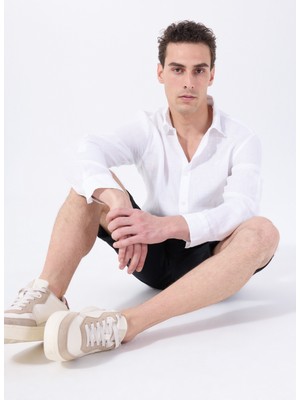 Beyaz Erkek Relaxed Fit Nakışlı %100 Keten Gömlek M5WM- GML1557