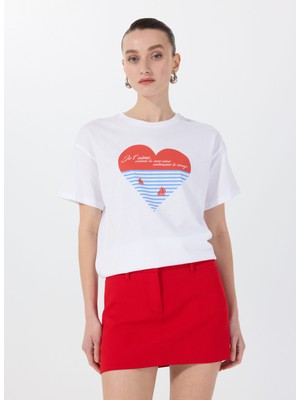 Fabrika Bisiklet Yaka Baskılı Beyaz Kadın T-Shirt F5SL-TST0426