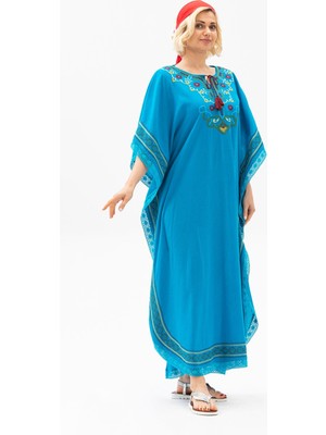 Kısa Kol Şile Bezi Gülseren Uzun Yazlık Otantik Elbise Turkuaz Trkz