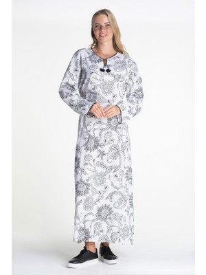 Eliş Şile Bezi Uzun Kol Şile Bezi Baskılı Uzun Yazlık Elbise Çınar Desen Beyaz Byz