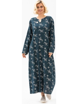 Uzun Kol Şile Bezi Baskılı Uzun Yazlık Elbise Serpme Desen Petrol Ptrl