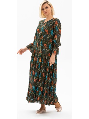 Uzun Kol Vual Gonca Uzun Yazlık Elbise Gelincik Desen Koyu Yeşil 6161