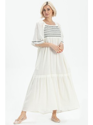 Eliş Şile Bezi Truvakar Kol Şile Bezi Melodi Uzun Yazlık Otantik Elbise Krem Krm