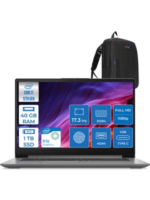 Lenovo Ideapad 3 17IAU7 82RL00DTTX I7 1255U 40 GB 1tb SSD  Intel® Iris® Xe Graphics Windows 11 Home 17.3" Fhd IPS Taşınabilir Bilgisayar 82RL00DTTXH14 + Zettaçanta