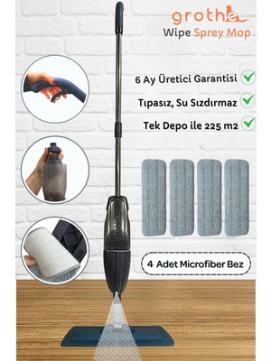 Grothe Wipe Sprey Mop Gri - 4 Mop Bezli - Tıpasız Sistem - 700 Cc Su Hazneli (ÜRETİCİ GARANTİLİ) GRTSM-01