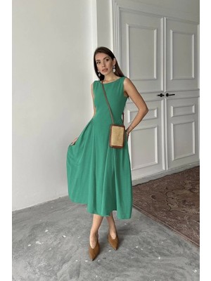 Defy Moda Yeşil Yanları Büzgülü Midi Boy Keten Elbise