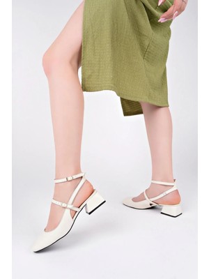 Tarçın Ayakkabı Hakiki Deri Mary Jane Bej Kadın Topuklu Deri Ayakkabı TRC50-MJ05