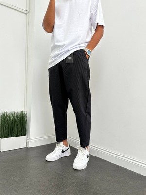 Bel Lastikli Rahat Kesim Dokulu Çizgili Jogger Pantalon