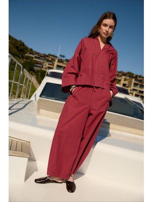 Kadın Bordo Bol Kollu Oversize Gömlek Beli Büzgülü Bol Paça Pantolon Takım
