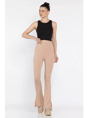 Gülseli Kadın Ispanyol Paça Yırtmaç Detaylı Yüksek Bel Fitilli Tayt