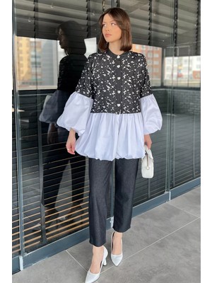 Gülseli Balon Kol Garnili Taşlanmış Tunik Pantolon Jeans Ikili Takım