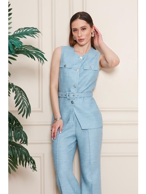 Kemer Detay Gofreli Yelek Takım Turkuaz