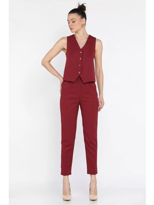 Kadın Düğme Detaylı Astarlı Yelek Pantolon Ikili Takım