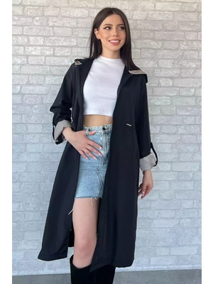 Kadın Kapüşonlu Bel Lastikli Uzun Trençkot