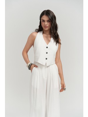 Mai Pailey Sırt Dekolteli Ekru Yelek Pantolon Takım