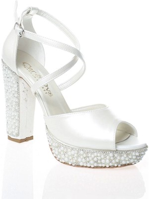 Ersefa Kadın Sedef Cilt Ökçe Poli İnci Taş Abiye Ayakkabı Kadın Topuklu Şık Gece Ayakkabısı