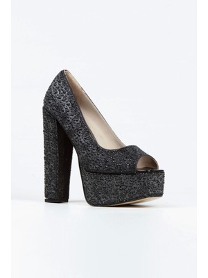 Ersefa Gold Sultan Full İnci Taşlı Klasik Köşe Kalıplı Kalın Topuklu Kadın Abiye Ayakkabı Kadın Topuklu Şık