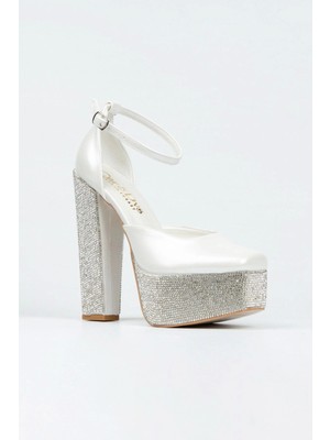 Ersefa Sedef Cilt Ökçe Poli Taşlı Klasik Köşe Kalıplı Kalın Topuklu Kadın Abiye Ayakkabı Kadın Topuklu Şık