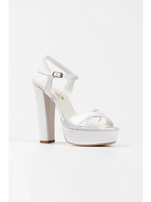 Ersefa Gümüş Saten Klasik Ayakkabı Kalın Topuklu Kadın Abiye Ayakkabı Kadın Topuklu Şık Gece Ayakkabısı