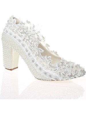 Sedef Inci Taş Işlemeli Gelin Ayakkabı Kadın Topuklu Abiye Ayakkabı Şık Gece Ayakkabısı