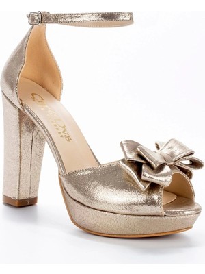 Ersefa Kadın Gold Sultan Fiyonk Abiye Ayakkabı Kadın Topuklu Şık Gece Ayakkabısı Zarif Tasarım