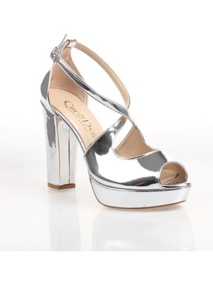 Ersefa Gümüş Ayna Kadın Abiye Ayakkabı Kadın Topuklu Şık Gece Ayakkabısı Zarif Tasarım Yüksek Topuk