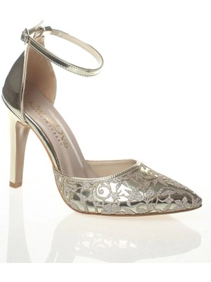 Ersefa Kadın Gold Ayna Desenli Lazer Kesim Stiletto Klasik Ayakkabı Kadın Topuklu Abiye Ayakkabı Şık