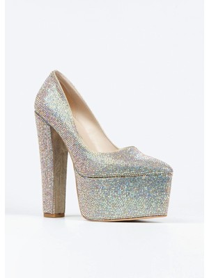 Ersefa Gold Full Taşlı Klasik Sivri Kalın Topuklu Sivri Platformlu Kadın Abiye Ayakkabı Kadın Topuklu Şık