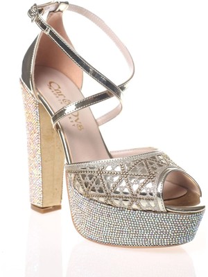 Ersefa Kadın Gold Ayna Yüz Lazer Ökçe Poli Taş Abiye Ayakkabı Kadın Topuklu Şık Gece Ayakkabısı