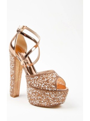 Ersefa Gold Ayna Full İnci Topuklu Kadın Abiye Ayakkabı Kadın Topuklu Şık Gece Ayakkabısı