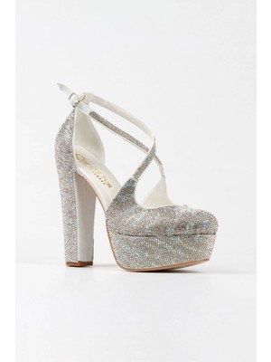 Ersefa Gümüş Sultan Çift Renk Taşlı Çapraz Model Klasik Topuklu Platformlu Kadın Abiye Ayakkabı Şık
