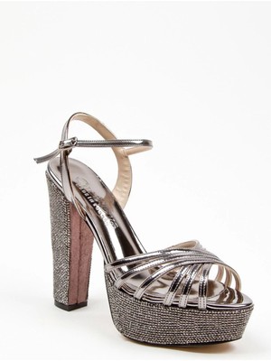 Ersefa Gümüş Ayna Çapraz Ökçe Poli Taş Topuklu Kadın Abiye Ayakkabı Kadın Topuklu Şık Gece Ayakkabısı