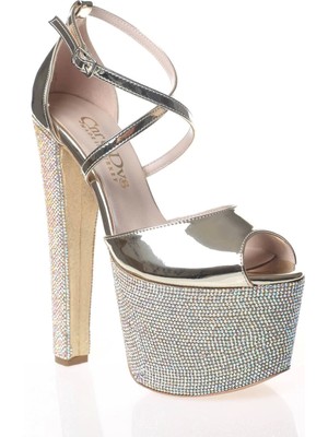 Ersefa Kadın Gold Ayna Ökçe Poli Taş Yüksek Topuk Abiye Ayakkabı Kadın Topuklu Şık Gece Ayakkabısı