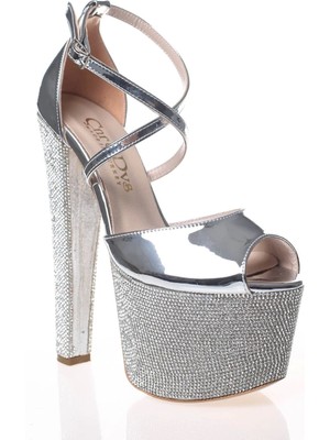 Ersefa Kadın Gold Ayna Ökçe Poli Taş Yüksek Topuk Abiye Ayakkabı Kadın Topuklu Şık Gece Ayakkabısı