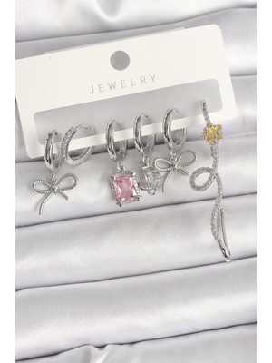 Pirinç Gümüş Renk Sallantı Kurdele Kuyruklu Yıldız Figür Pembe Kare Zirkon Taş Detay Kadın Küpe Seti