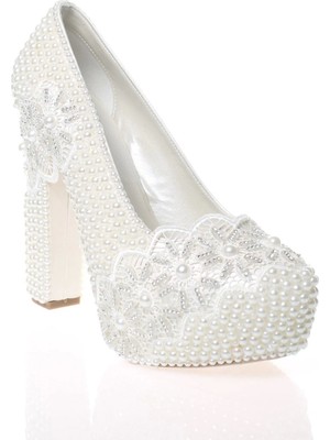 Kadın Beyaz Sedef Inci Taş Işlemeli Gelin Ayakkabı Kadın Topuklu Abiye Ayakkabı Şık Gece Ayakkabısı