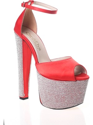 Ersefa Kadın Fuşya Saten Ökçe Poli Taş Yüksek Topuk Abiye Ayakkabı Kadın Topuklu Şık Gece Ayakkabısı