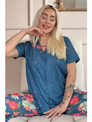 Pijama Evi Petrol Tropik Desenli Kısa Kol Önden Düğmeli Kadın Pijama Takımı