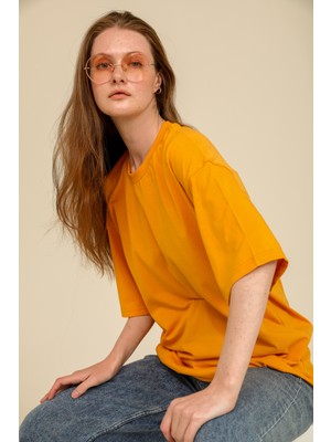 Guaraz Kadın Hardal/Sarı Oversize Bisiklet Yaka %100 Pamuk Düz Basic Yazlık T-Shirt
