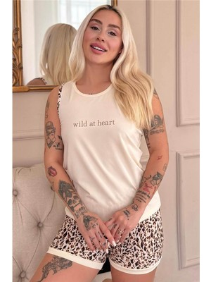Pijama Evi Krem Wild At Heart Desenli Sıfır Kol Şortlu Örme Kadın Pijama Takımı