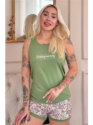Yeşil Sunday Morning Desenli Sıfır Kol Şortlu Örme Kadın Pijama Takımı