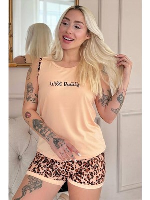 Pijama Evi Karamel Wild Beauty Desenli Sıfır Kol Şortlu Örme Kadın Pijama Takımı