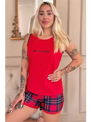 Kırmızı See The Good Desenli Sıfır Kol Şortlu Örme Kadın Pijama Takımı