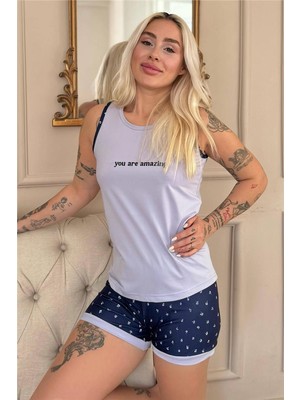 Lila You Are Desenli Sıfır Kol Şortlu Örme Kadın Pijama Takımı