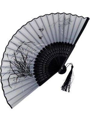 Beluga Yelpaze Bambu Kumaş Serinletici Vintage Siyah Şık Dekorasyon Püsküllü Japon Yelpaze 0181